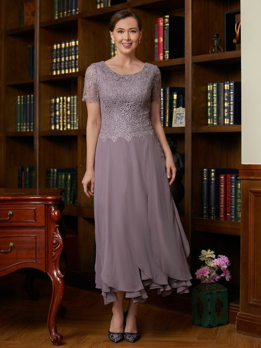 Milagros A-Line/Princess Chiffon Lace Scoop Short Sleeves Ankle-Length Mother of the Bride Dresses DRP0020353