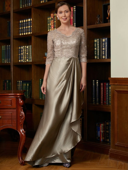 Zara A-Line/Princess Silk Like Satin Lace V-neck 3/4 Sleeves Sweep/Brush Train Mother of the Bride Dresses DRP0020342
