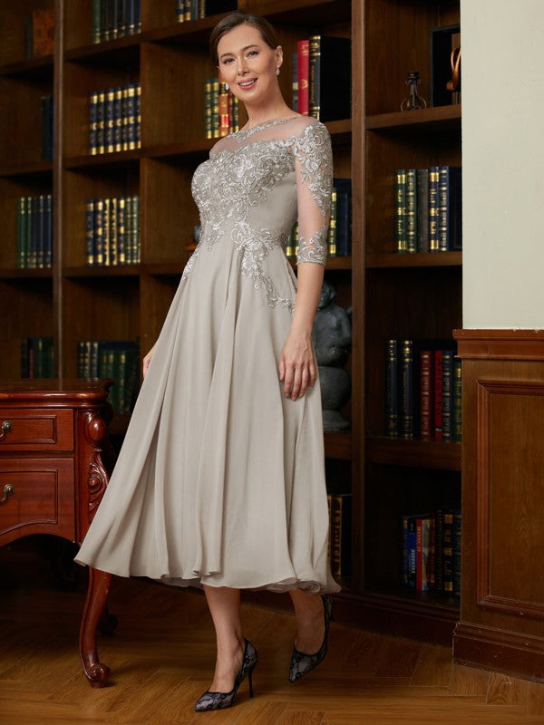 Mckenna A-Line/Princess Chiffon Lace Scoop 3/4 Sleeves Tea-Length Mother of the Bride Dresses DRP0020300