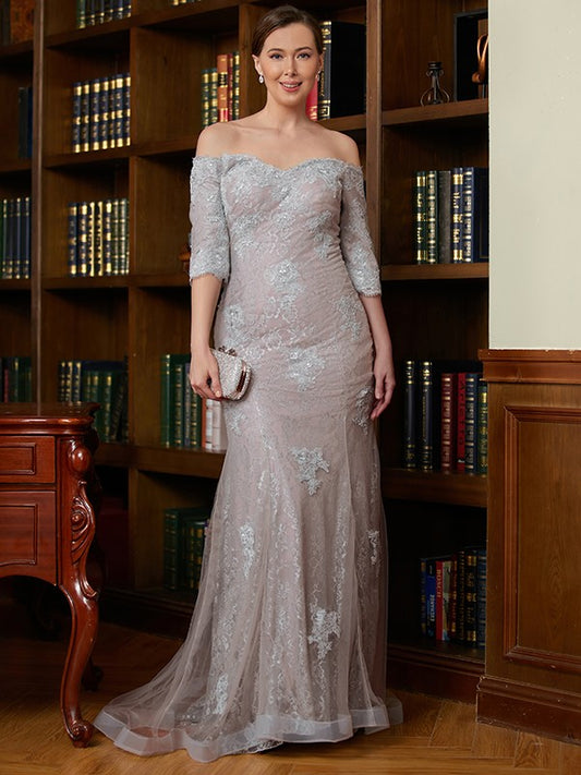 Valentina Sheath/Column Lace Applique Off-the-Shoulder 3/4 Sleeves Sweep/Brush Train Mother of the Bride Dresses DRP0020331