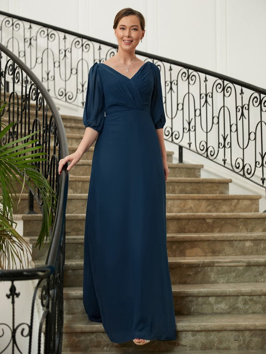 Liz A-Line/Princess Chiffon Ruched V-neck 1/2 Sleeves Floor-Length Mother of the Bride Dresses DRP0020344