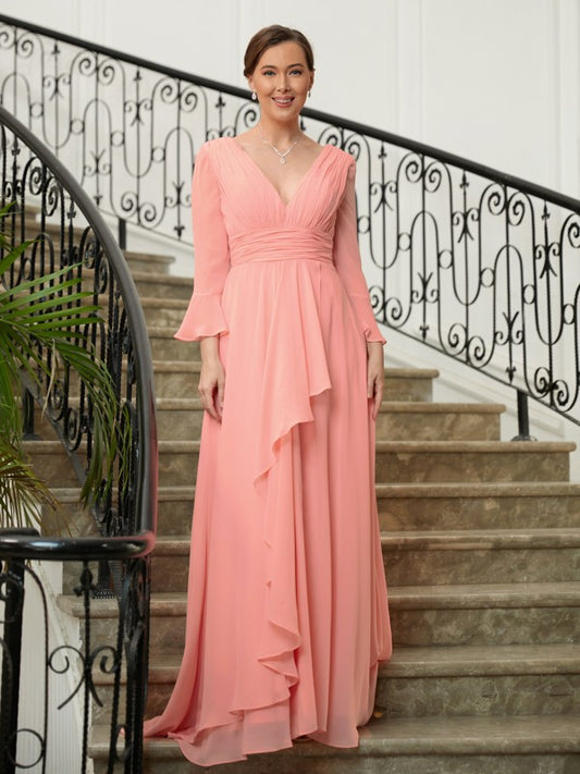 Audrey A-Line/Princess Chiffon Ruched V-neck Long Sleeves Sweep/Brush Train Mother of the Bride Dresses DRP0020305