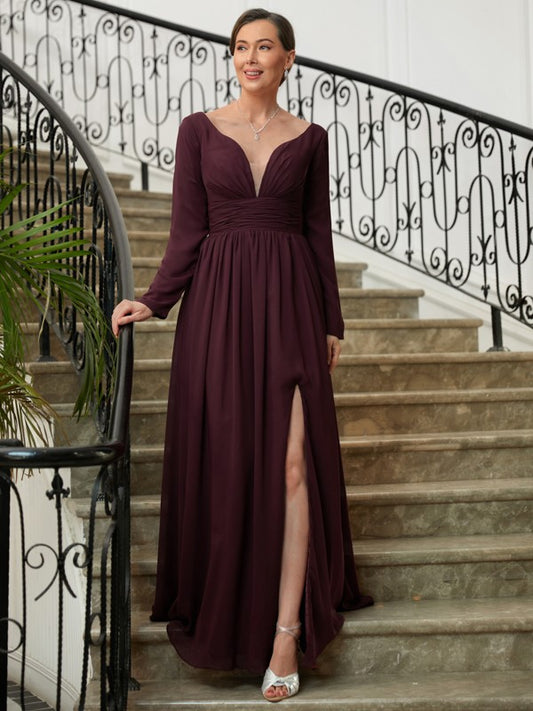 Guadalupe A-Line/Princess Chiffon Ruched V-neck Long Sleeves Floor-Length Mother of the Bride Dresses DRP0020345