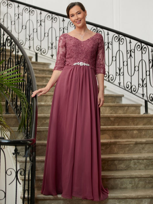 Angelica A-Line/Princess Chiffon Lace V-neck 3/4 Sleeves Floor-Length Mother of the Bride Dresses DRP0020306