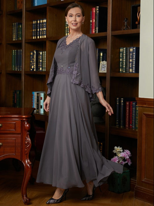 Jenna A-Line/Princess Chiffon Applique V-neck Sleeveless Ankle-Length Mother of the Bride Dresses DRP0020365