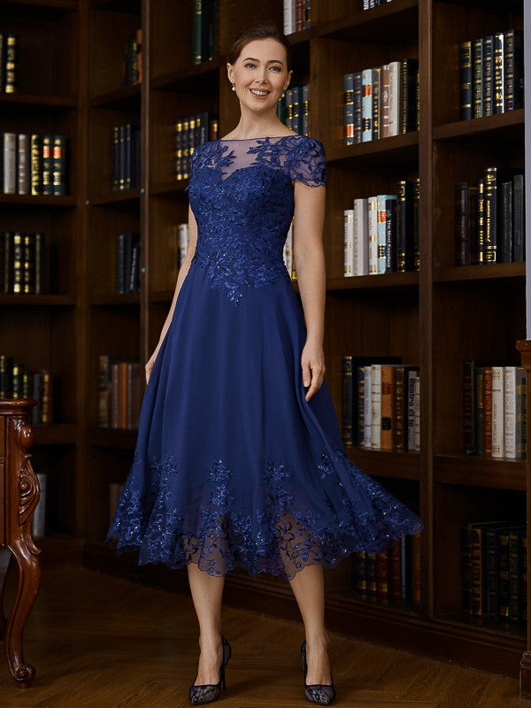 Sarah A-Line/Princess Chiffon Applique Bateau Short Sleeves Tea-Length Mother of the Bride Dresses DRP0020275