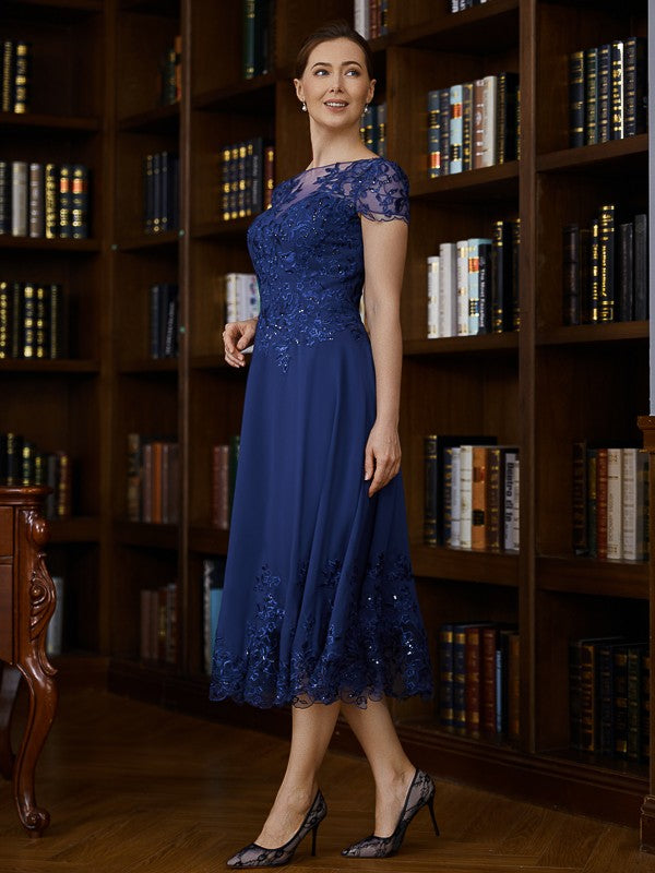 Sarah A-Line/Princess Chiffon Applique Bateau Short Sleeves Tea-Length Mother of the Bride Dresses DRP0020275