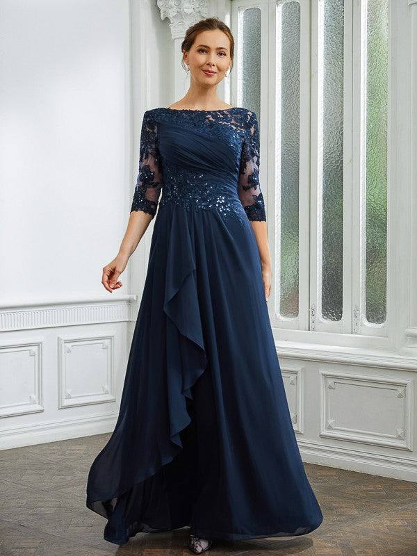 Cheryl A-Line/Princess Chiffon Applique Bateau 3/4 Sleeves Floor-Length Mother of the Bride Dresses DRP0020276