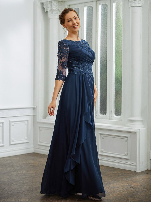 Cheryl A-Line/Princess Chiffon Applique Bateau 3/4 Sleeves Floor-Length Mother of the Bride Dresses DRP0020276