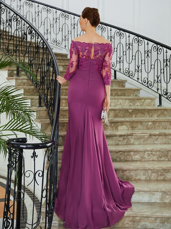 Esther Sheath/Column Chiffon Applique Off-the-Shoulder 3/4 Sleeves Sweep/Brush Train Mother of the Bride Dresses DRP0020278