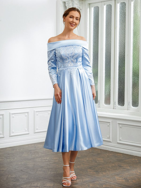Hana A-Line/Princess Elastic Woven Satin Ruched Off-the-Shoulder Long Sleeves Tea-Length Mother of the Bride Dresses DRP0020269