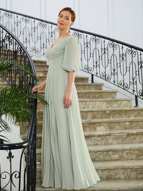 Brooklyn A-Line/Princess Chiffon Ruched V-neck 1/2 Sleeves Floor-Length Mother of the Bride Dresses DRP0020271