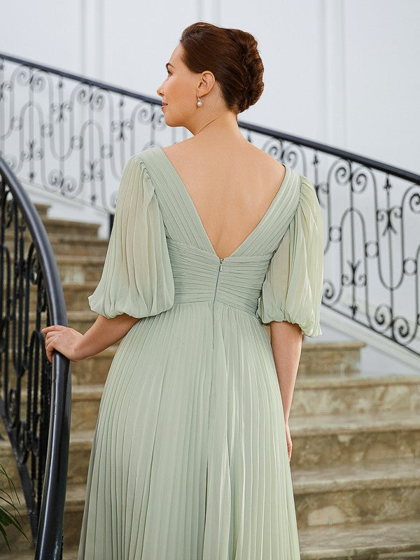 Brooklyn A-Line/Princess Chiffon Ruched V-neck 1/2 Sleeves Floor-Length Mother of the Bride Dresses DRP0020271