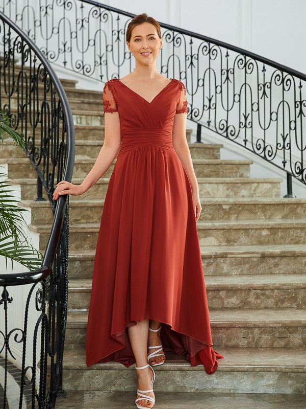 Kailee A-Line/Princess Chiffon Ruched V-neck Short Sleeves Asymmetrical Mother of the Bride Dresses DRP0020273