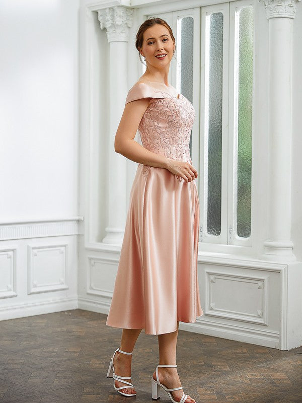 Cassidy A-Line/Princess Satin Applique Off-the-Shoulder Sleeveless Tea-Length Mother of the Bride Dresses DRP0020255