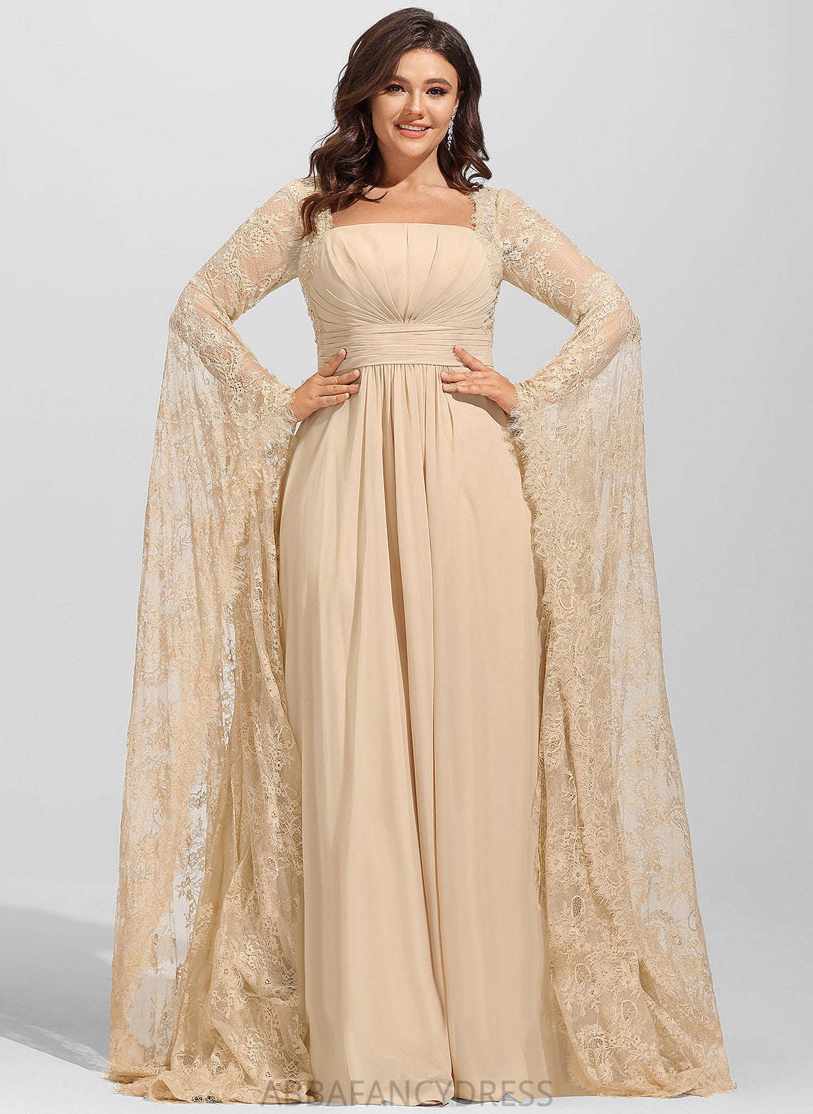 Lace A-Line Wedding Hillary Chiffon With Dress Floor-Length Beading Ruffle Square Wedding Dresses