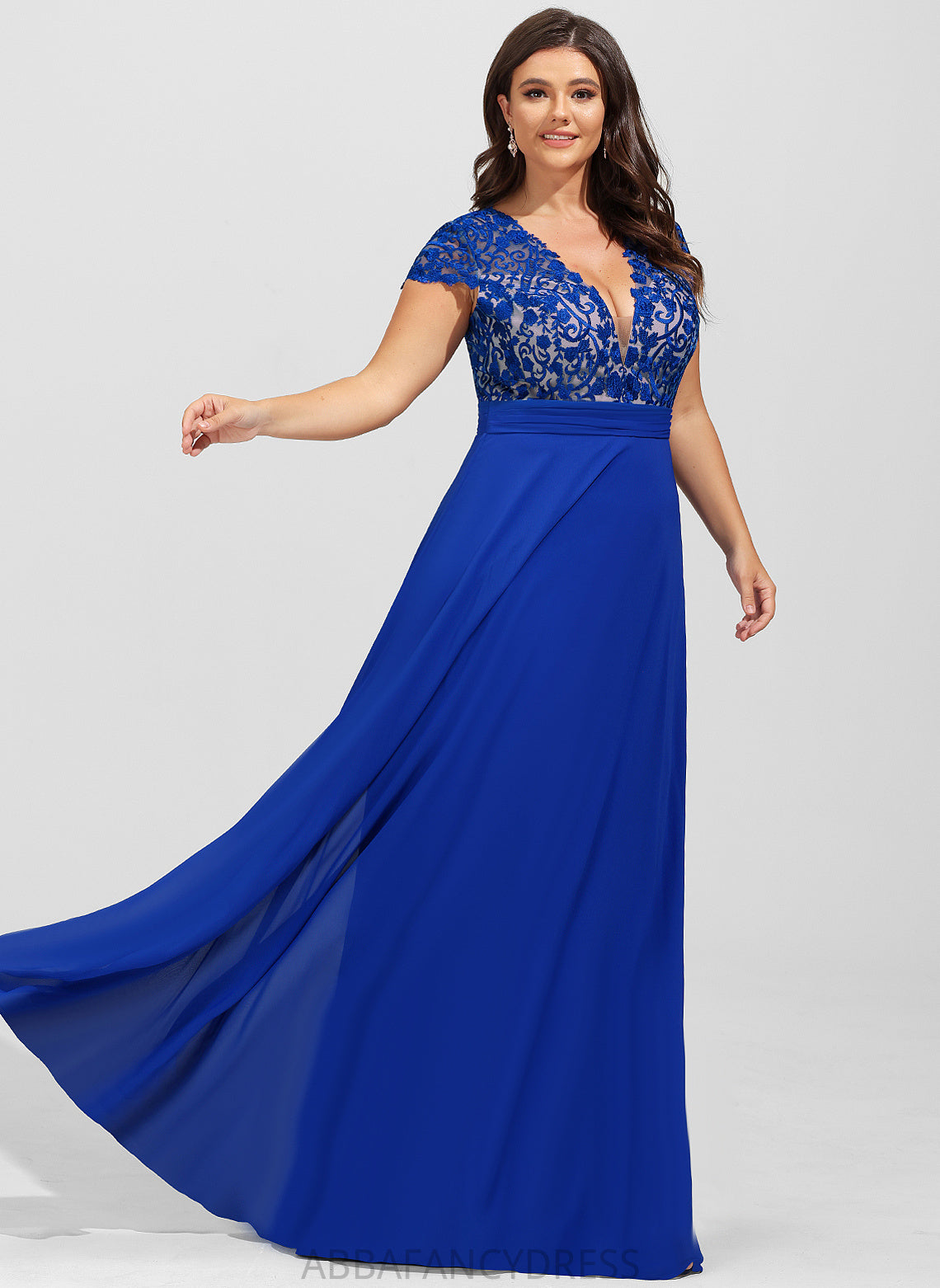 Chiffon Laci With Floor-Length V-neck Lace Prom Dresses A-Line Ruffle