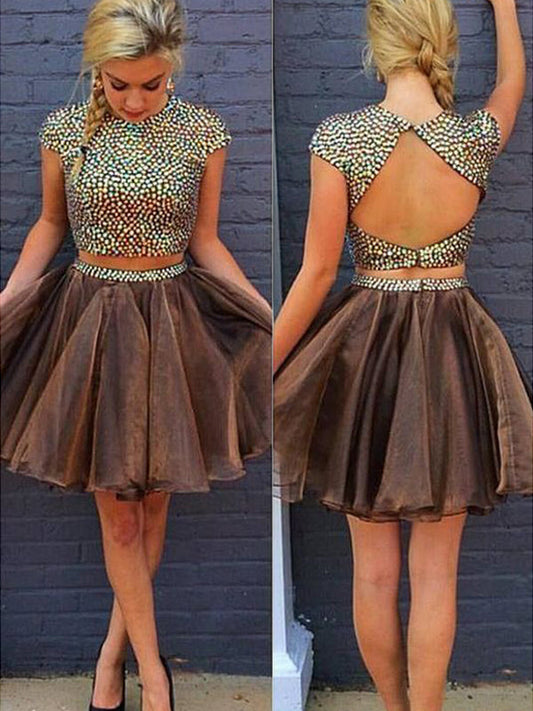 2024 A-Line Two Piece Jewel Neck Short Sleeve Beading Homecoming Dresses Karma Back Cut Out Organza Short/Mini