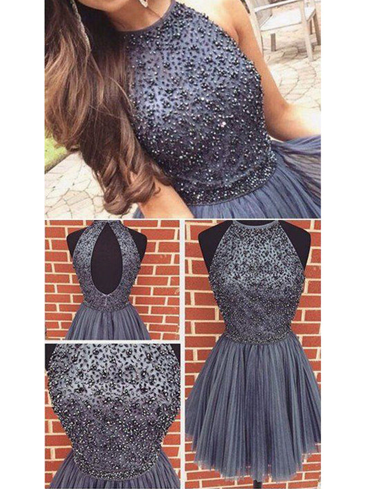 2024 A-Line Halter Sleeveless Beaded Pleated Cut Homecoming Dresses Carley Out Cut Short/Mini