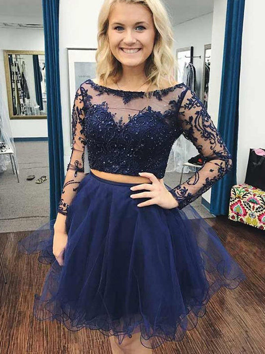 2024 Ball Gown Two Piece Bateau Neck Long Sleeve Applique Beading Hailey Homecoming Dresses Organza Cut Short/Mini
