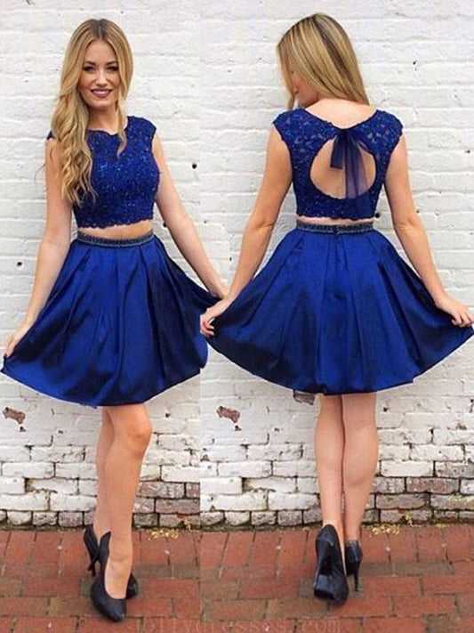 2024 A-Line June Homecoming Dresses Two Piece Scoop Neck Cap Sleeve Cut Out Back Beading Short/Mini