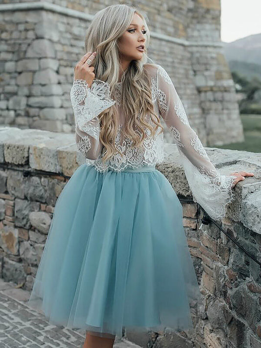 Two Piece See Through Kaylen Homecoming Dresses Lace Scoop Neck Long Sleeve Tulle Ball Gown Knee-Length
