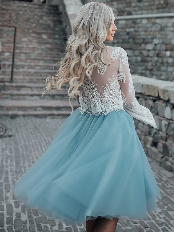 Two Piece See Through Kaylen Homecoming Dresses Lace Scoop Neck Long Sleeve Tulle Ball Gown Knee-Length