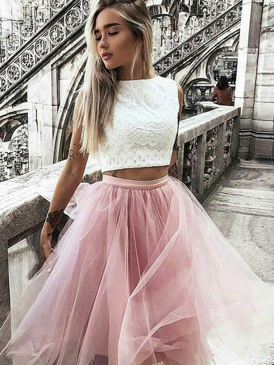 Halter Jewel Lola Lace Homecoming Dresses Pink A Line Two Pieces Tulle Pleated Sleeveless