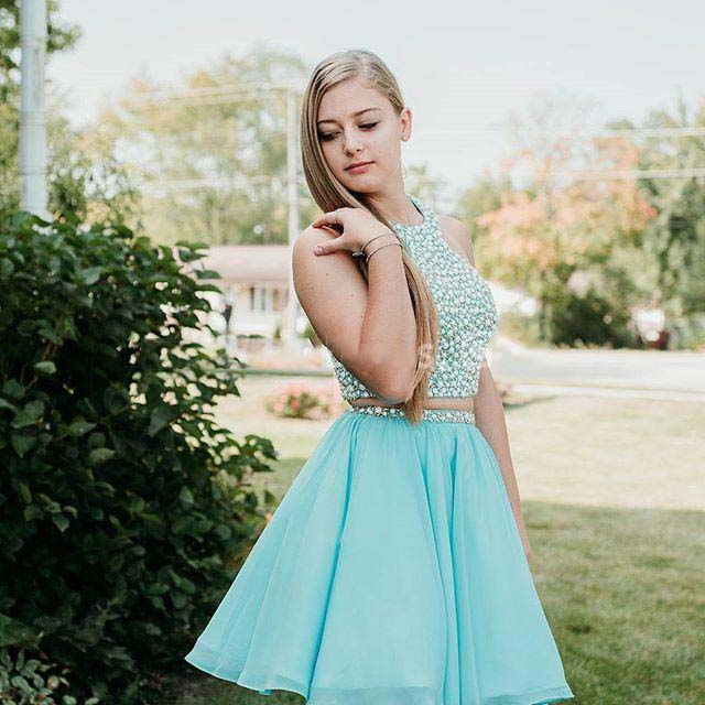 Halter Sleeveless Rhinestone Margery Two Pieces A Line Chiffon Homecoming Dresses Pleated Blue