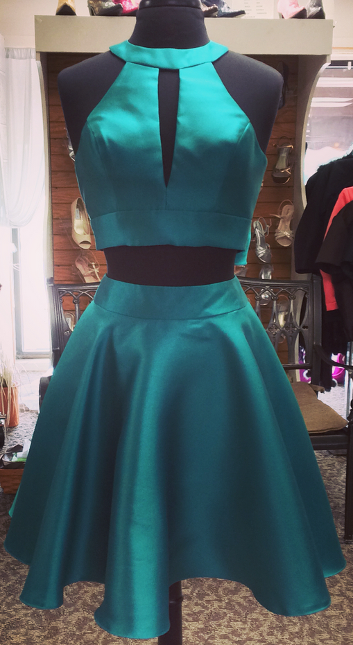 Halter Sleeveless A Line Homecoming Dresses London Two Pieces Satin Cut Out Bow Knot Teal Pleated