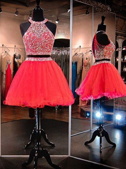 Sleeveless Tessa Homecoming Dresses A Line Two Pieces Pleated Organza Red Halter Rhinestone Backless