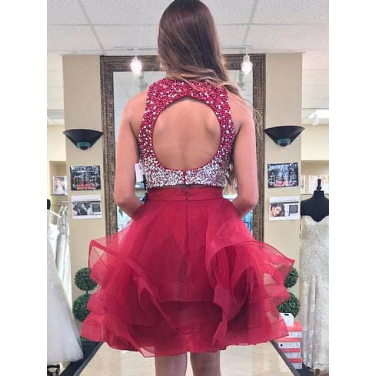 Jewel Dania Homecoming Dresses Two Pieces A Line Sleeveless Rhinestone Organza Ruffles Backless