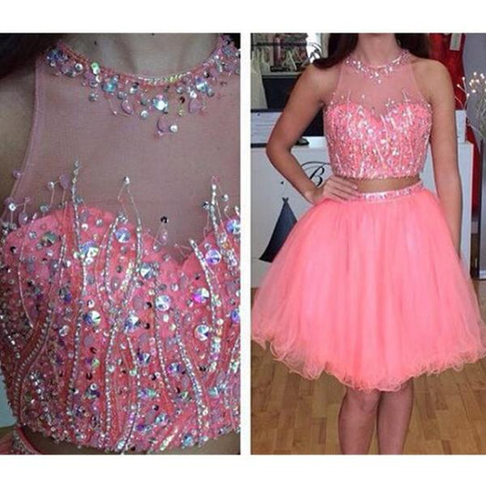 Jewel Sleeveless Homecoming Dresses Two Pieces Cailyn Sheer Rhinestone Ball Gown Organza