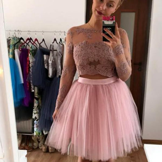 Bateau Long Sleeve A Line Pink Homecoming Dresses Two Pieces Mckenzie Lace Appliques Tulle Pleated