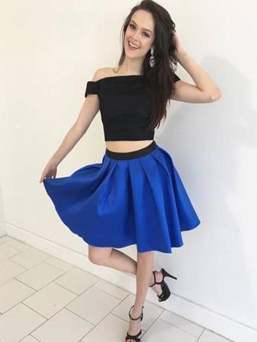 Off The Shoulder Satin Two Pieces Homecoming Dresses Royal Blue Elsie A Line Pleated Elegant