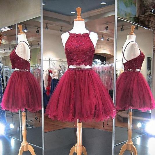 Burgundy Beading A Line Homecoming Dresses Linda Two Pieces Halter Criss Cross Backless Organza
