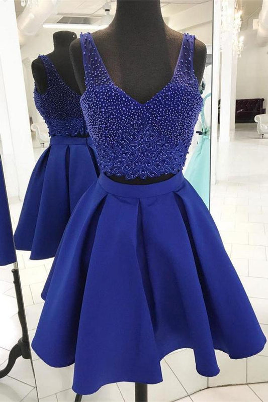 V Neck Sleeveless Beading A Line Homecoming Dresses Sibyl Royal Blue Two Pieces Satin Backless