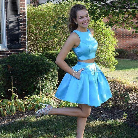 Jewel Kaley Satin Homecoming Dresses Two Pieces A Line Sleeveless Blue Pockets Pleated Short
