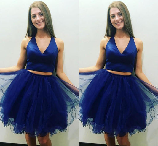 Two Pieces Libby Homecoming Dresses Royal Blue A Line V Neck Sleeveless Pleated Organza