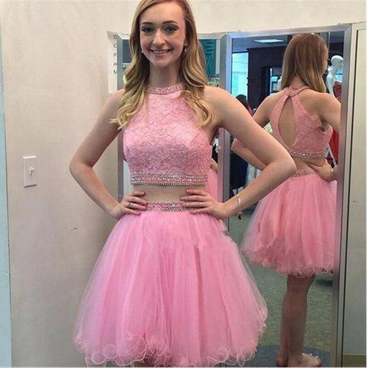 Sleeveless Caitlin Homecoming Dresses Two Pieces A Line Pink Halter Appliques Organza Backless