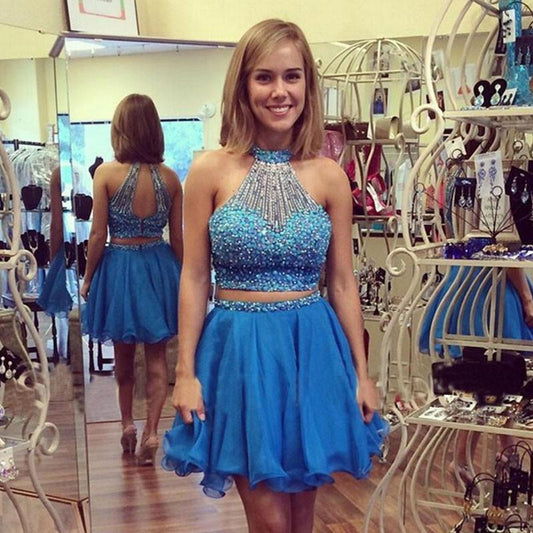 Homecoming Dresses A Line Two Pieces Julie Backless Halter Sleeveless Beading Organza Blue
