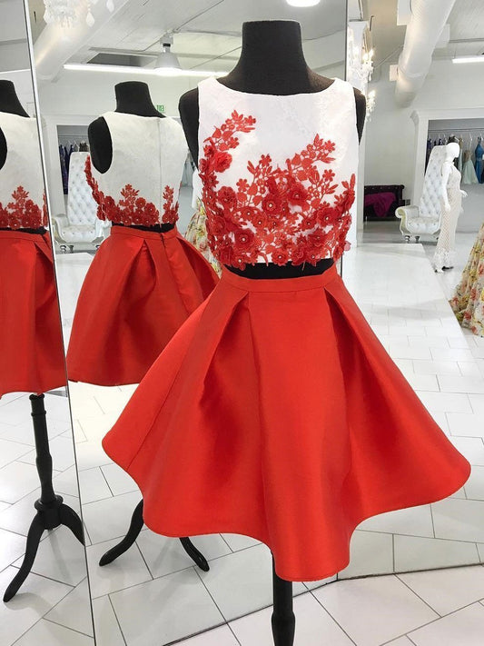 Sleeveless Jewel Two Pieces Aniya Homecoming Dresses Satin Pleated Red Appliques Flowers Short