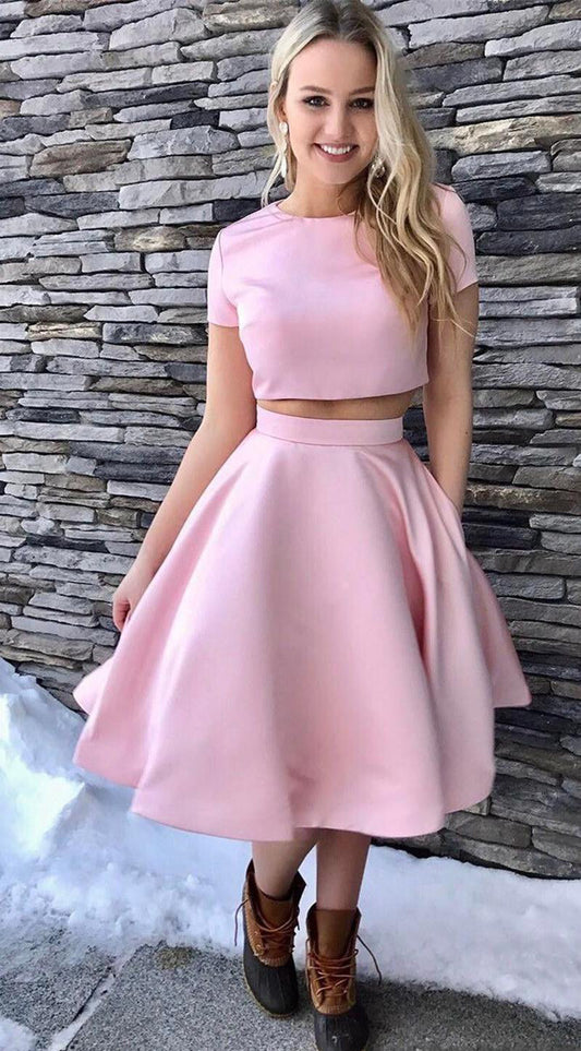 Short Homecoming Dresses Two Pieces A Line Pink Satin Louisa Sleeve Jewel Pleated