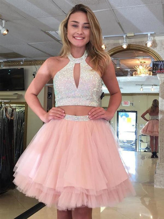 Halter Sleeveless Cut Out Pink Homecoming Dresses Sherry Two Pieces A Line Pleated Tulle Beading