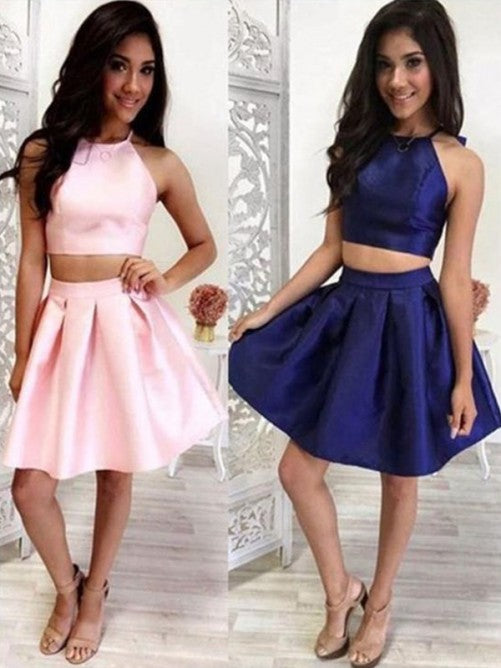 Halter Sleeveless Two Pieces Satin A Line Homecoming Dresses Dana Short Pleated
