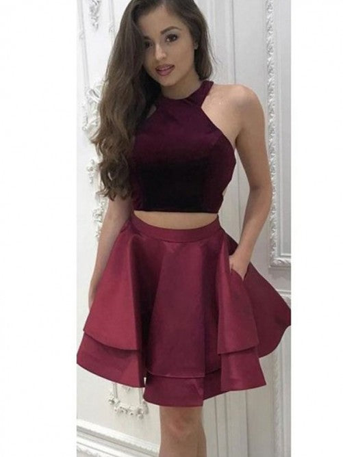 Halter Sleeveless A Line Satin Homecoming Dresses Morgan Two Pieces Burgundy Pleated Tiered Short