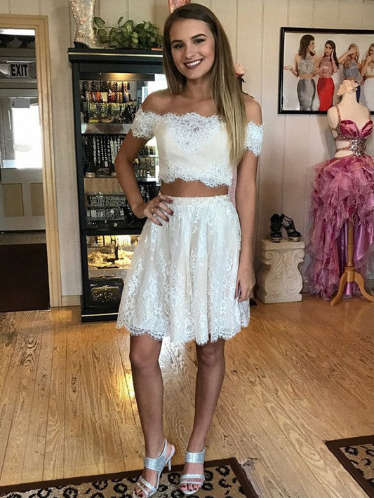 Two Pieces A Line Homecoming Dresses Jazlynn Lace Off The Shoulder White Appliques Pleated
