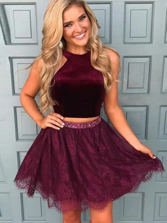 Burgundy Halter Homecoming Dresses Makenna A Line Lace Two Pieces Sleeveless Flowers Beading