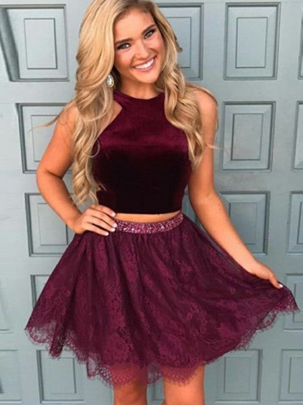 Burgundy Halter Homecoming Dresses Makenna A Line Lace Two Pieces Sleeveless Flowers Beading