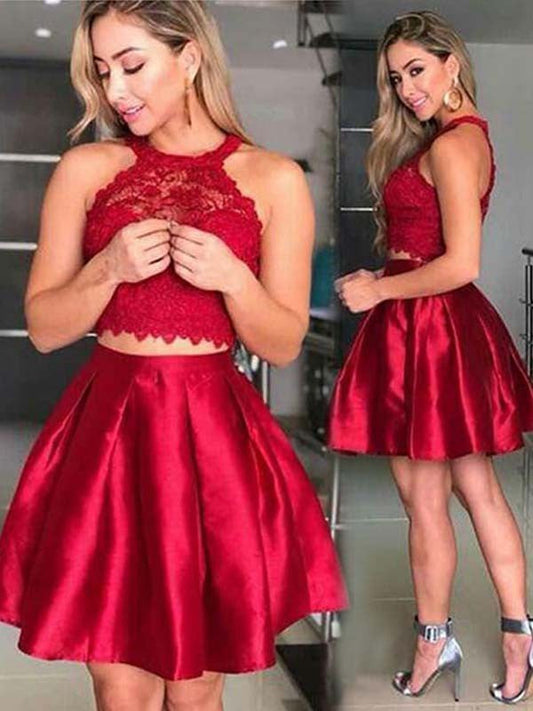 Sleeveless Halter Pleated Jaylin Satin A Line Homecoming Dresses Lace Two Pieces Short Red